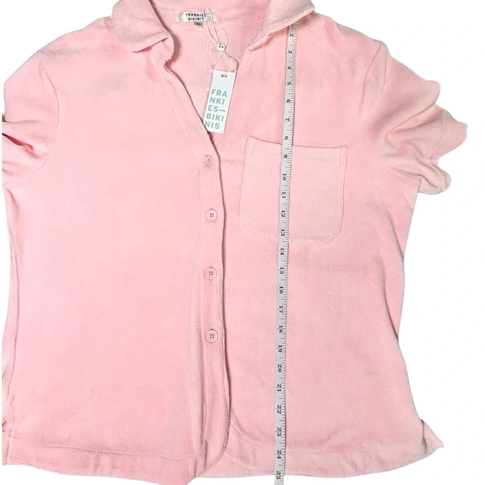 Frankies Bikinis Coco Terry Cloth Short Sleeve Swim Cover Shirt Pink M NWT